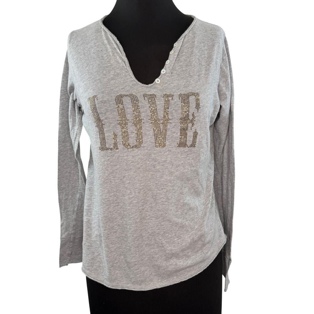 Y2K Zadig & Voltaire Gray T-Shirt Love Rhinestone V-Neck Long Sleeve Tee Small S